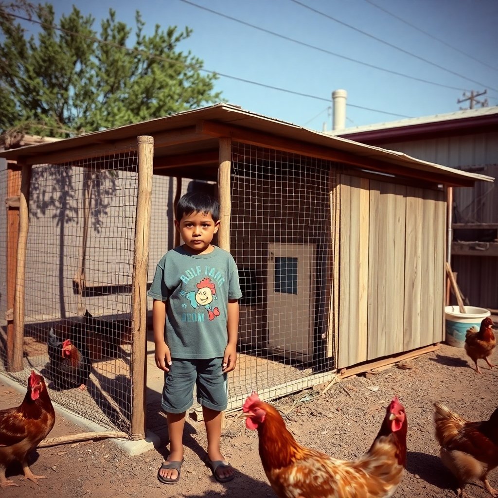 Young josue in yard with chickens in front of chicken coop.